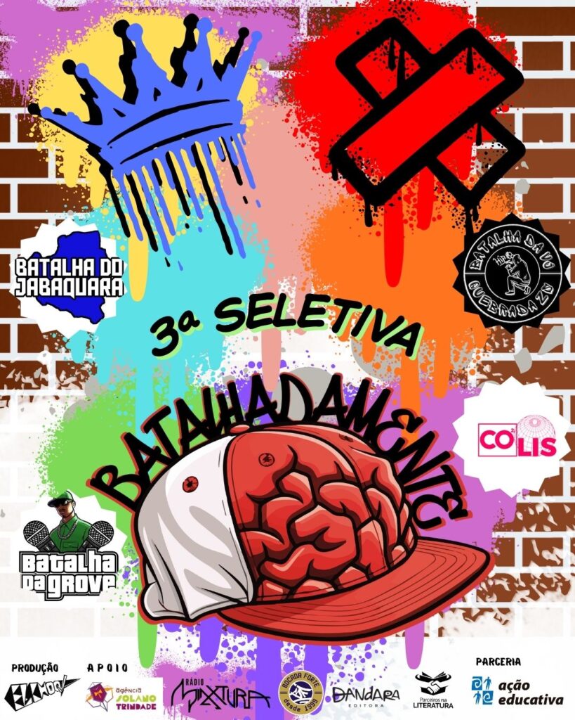 Flyer de divulgação da batalha da mente com o logo grafitado num background de muro com pixo