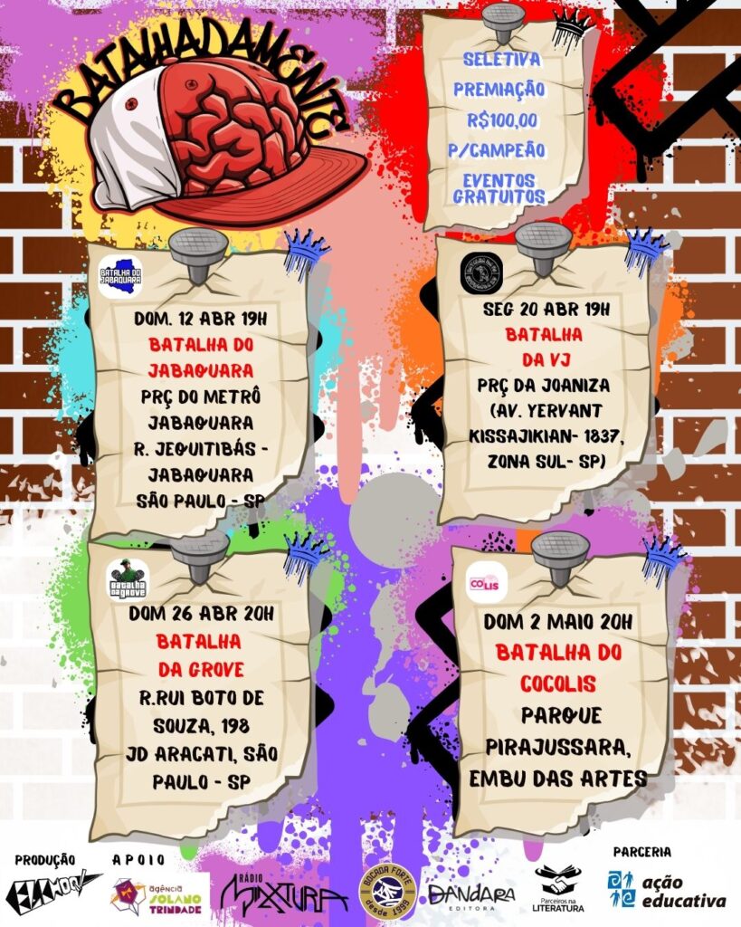 Flyer de divulgação da batalha da mente com o logo grafitado num background de muro com pixo com cartazes pinados com data e hora de cada etapa da seletiva