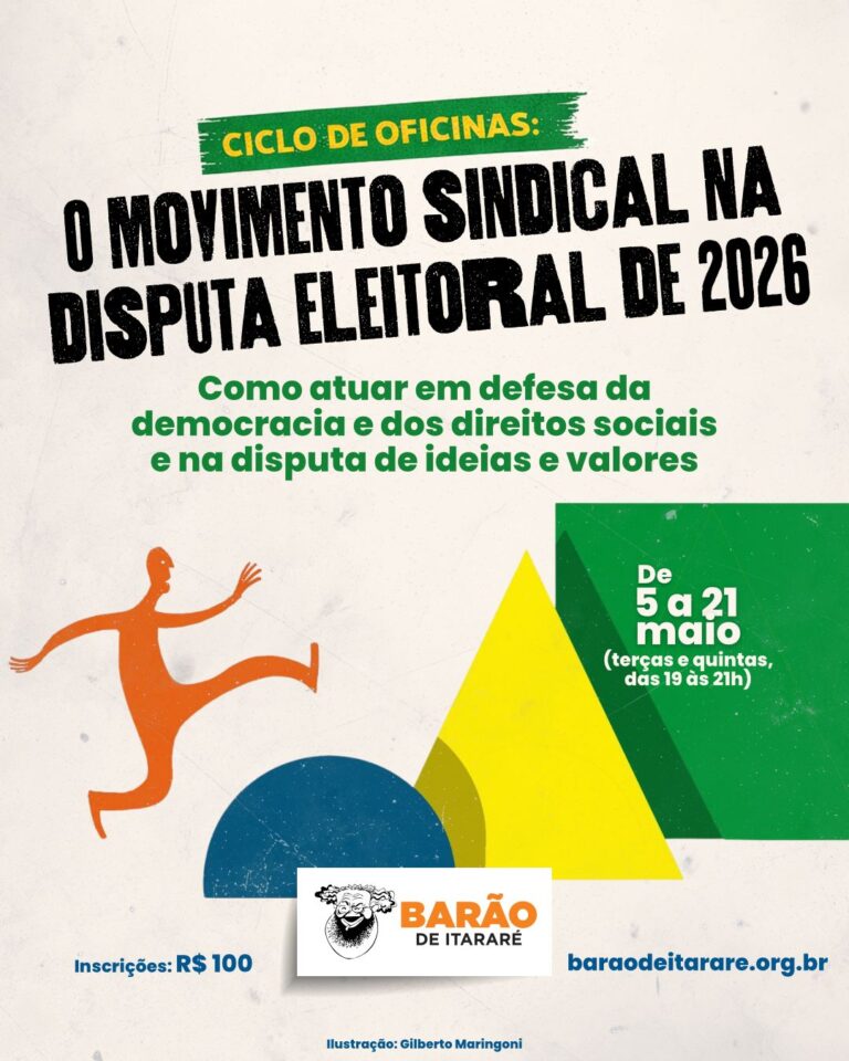 Flyer do curso de mídias alternativas do barão de Itararé, com valor de inscrição de 100 reais e as datas do 5 ao 21 de maio, as terças e quintas feiras das 19 as 21 horas
